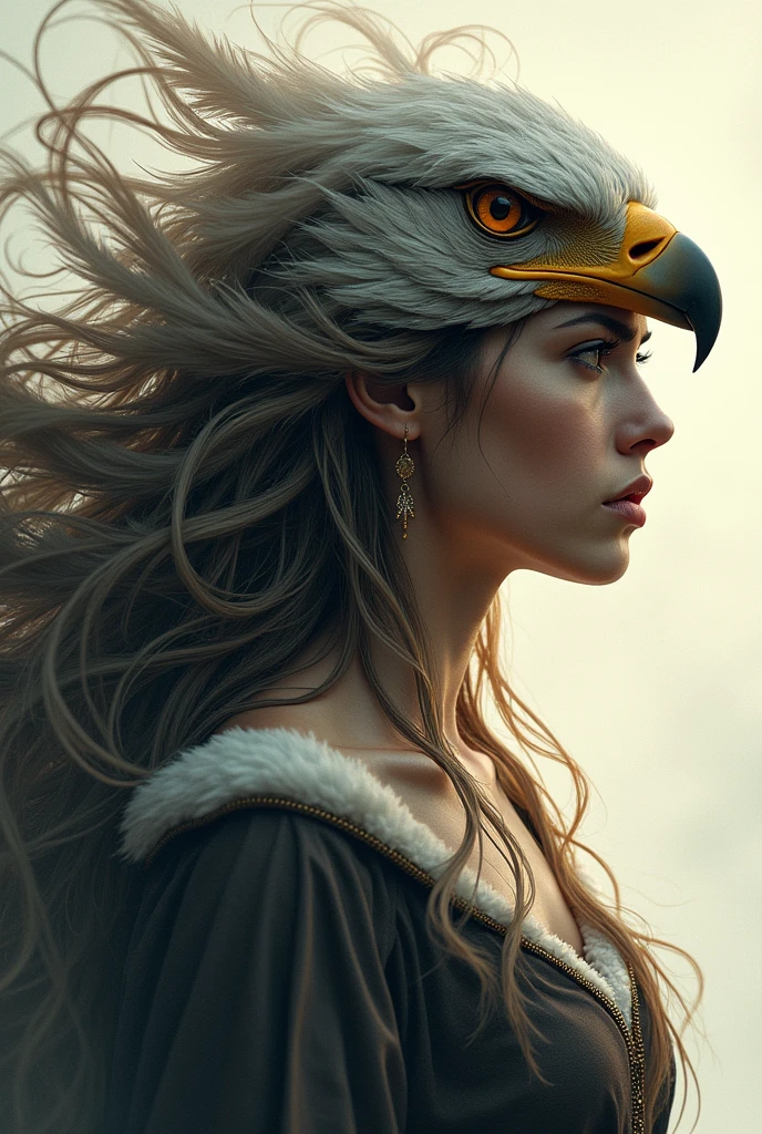 Angry woman in profile with an eagle on her head where its feathers intertwine with her hair and her clothes. I want that fusion where she and the bird are mixed., that their feathers reach your clothes and mix