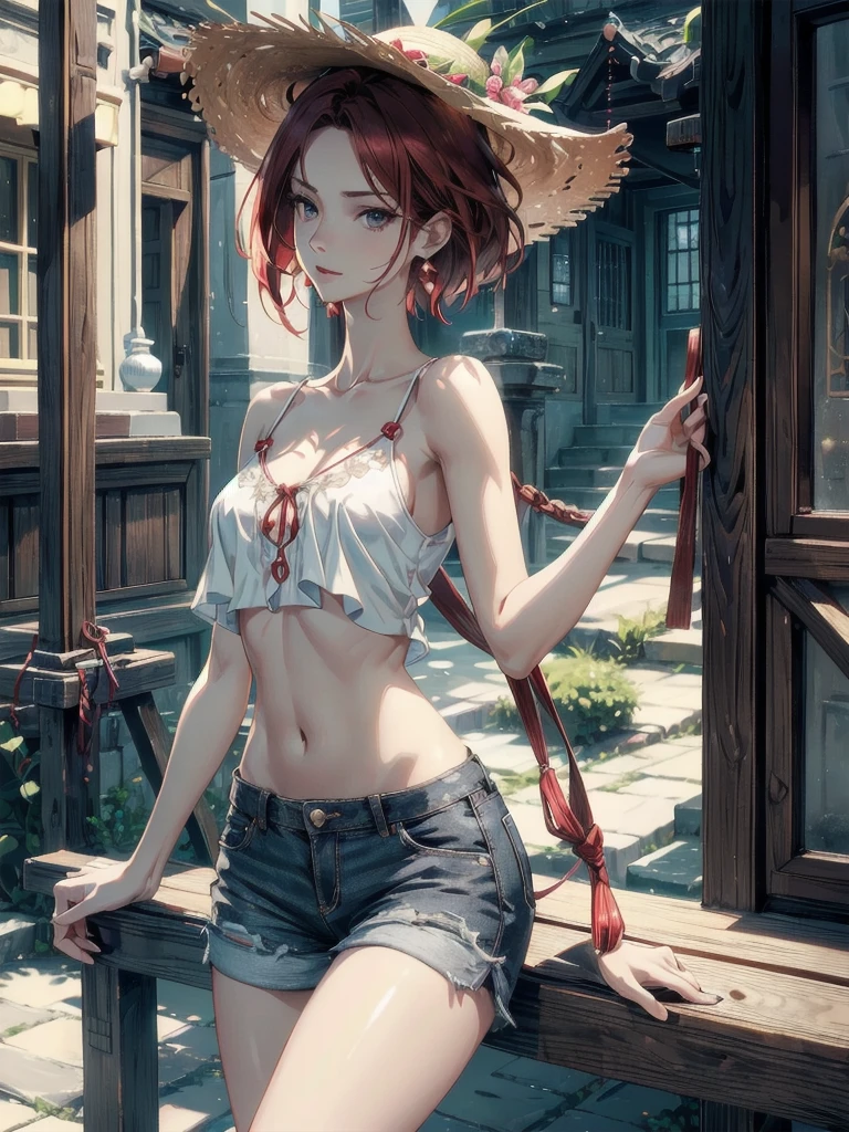 absurdres, RAW photo, extremely delicate and beautiful, masterpiece, Highest Quality, ultra high resolution, 32k, hyperrealistic, realistic, photorealistic, photo-realistic, Real, ultra-detailed, Very detailed CG 8k wallpaper, detailed background, landscape, Beautiful Lighting, Perfect Lightning, Realistic Shadows, perfect anatomy, anatomically correct, ideal ratio body proportions, perfect figure, Perfect Style, Perfect balance, super Detailed skin, in her 30s, very Slim body, narrow waist, very small head, very small face, delicate facial features, handsome detailed woman, very detailed eyes and face, realistic face proportions, Realistic beautiful face, Realistic beautiful eyes, tearful mole, earring, full body shot, very huge round tits, medium hair, asymmetrical hair, red hair, blouse, bare collarbone, midriff, shorts, straw hat,
