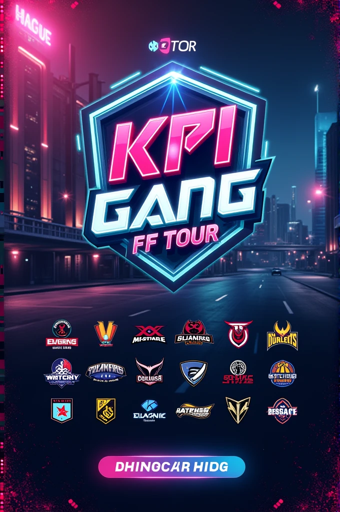 An ESPORT GAMING POSTER with KPI GANG FF TOUR with spaces to add the logo of 12 teams