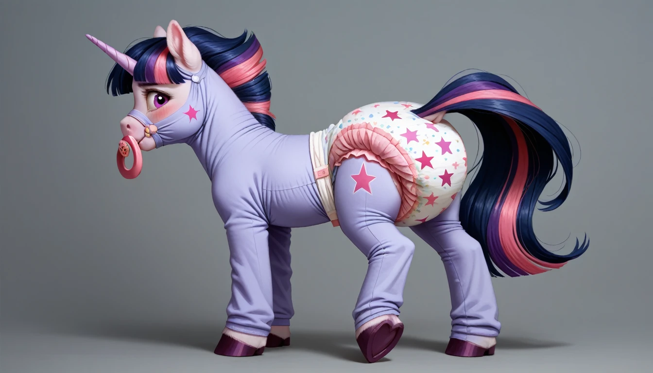 pony, purple unicorn, dark blue mane with purple streak and pink streak, the tail is dark blue with a purple strand and a pink strand, purple eyes, on the side close to the back hoof is a drawing of a pink star with six small stars around a central star, adult mare, stands on four hooves, rear hooves spread wide apart, dressed in an adult size bodysuit and booties, pacifier in mouth, solo, thick diaper under clothes, pink blush on cheeks, Embarrassment, Awkwardness. 