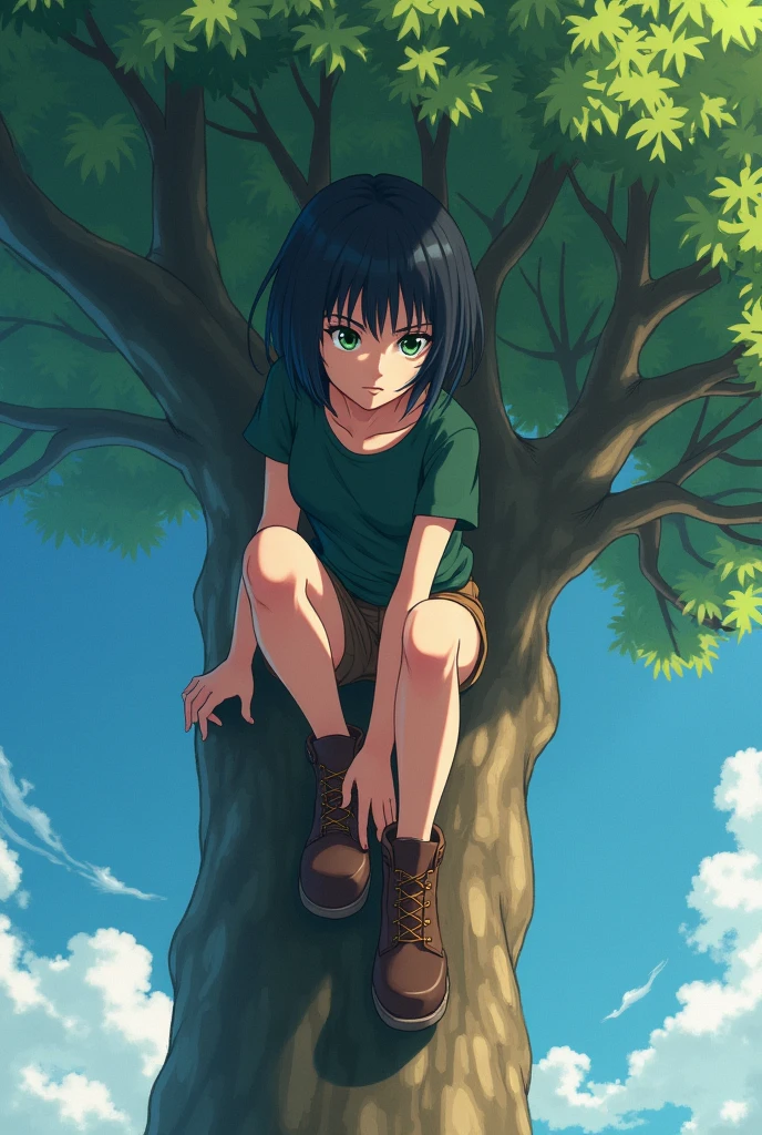 A woman with short black hair to her shoulders, with green eyes, sits on a tall tree, afraid of heights, dark green t-shirt and brown shorts, Brown boots, anime art, masterpiece, realistically, professional quality, super detail