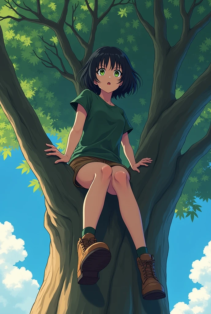 A woman with short black hair to her shoulders, with green eyes, sits on a tall tree, afraid of heights, dark green t-shirt and brown shorts, Brown boots, anime art, masterpiece, realistically, professional quality, super detail