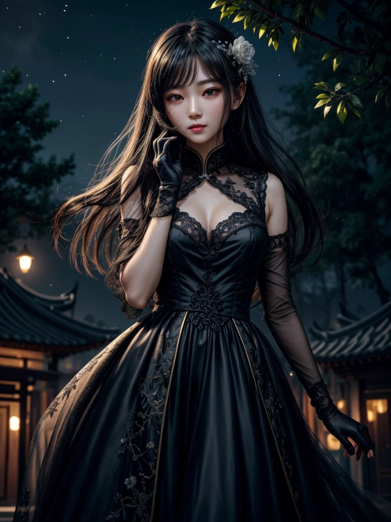 original, (masterpiece), (illustration), (Very good and beautiful), (Perfect details), (единство CG 8K обои:1.05), (nice and clear background:1.25), (depth of field:0.7),1 girl,Huānyǐng yǐ , (zhàn zài hé biān:1.15).(Hair fluttering in the wind:1.1),bǎbié fēi zài wéiróu, (Moonlight:0.6), tree, (summer), (night:1.2), (Close-up:0.35), (gloves:0.8), One ,