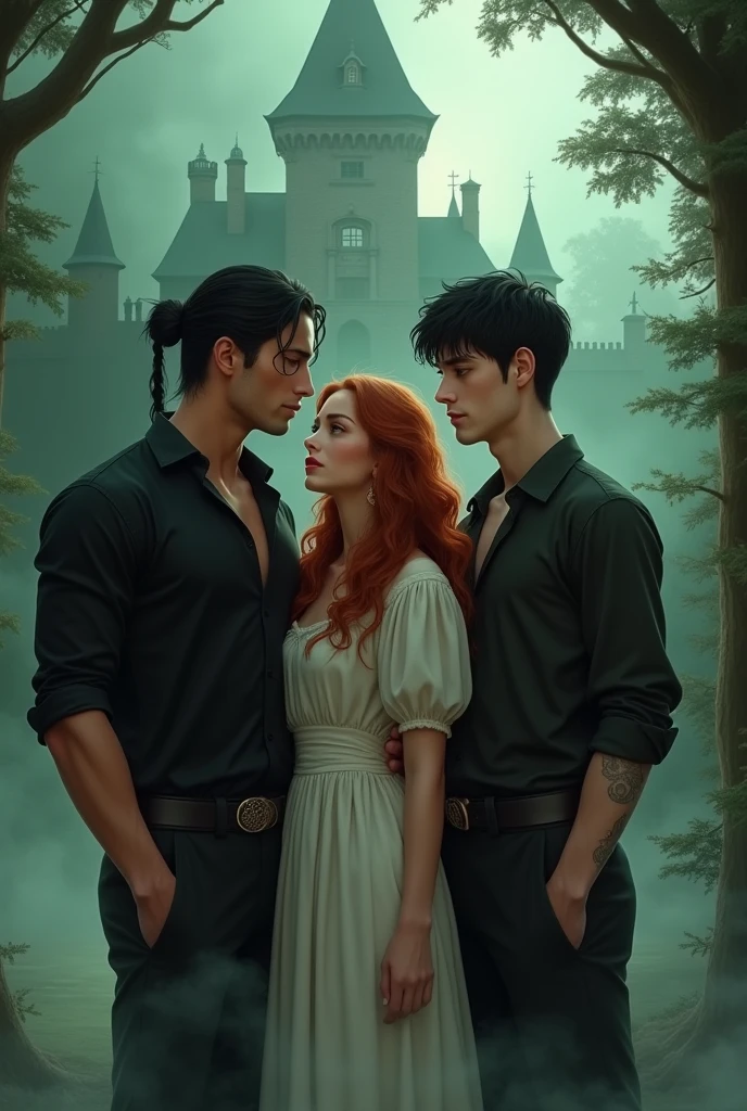 À l'arrière-plan, un manoir imposant émerge, partiellement enveloppé dans une fumée verte et grise qui ajoute une ambiance mystérieuse. Au premier plan, un triangle amoureux est en scène.
L'homme à gauche est musclé, avec des cheveux noirs attachés en queue de cheval il a vingt trois ans son visage est doux et amoureux. Il est habillé d'une chemise en soie noire et d'un pantalon noir assorti. Au centre, une femme avec de longs cheveux rouges bouclés porte une robe blanche de style champêtre, évoquant une élégance simple et naturelle. L'homme à droite, d'origine réunionnaise, a un teint mat clair et des cheveux courts noirs. Il a un sourire