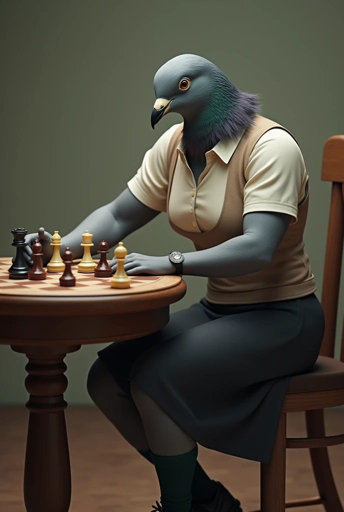 ((Highest quality)), ((masterpiece)), (detailed), A grey female pigeon wearing an off-white collared short-sleeved shirt, a light brown vest, a knee-length black skirt, dark green socks and black shoes,(tilt your neck to the side:1.6),Playing chess at the table,Muscular grey female pigeon,Photorealistic images,The background is simple,
