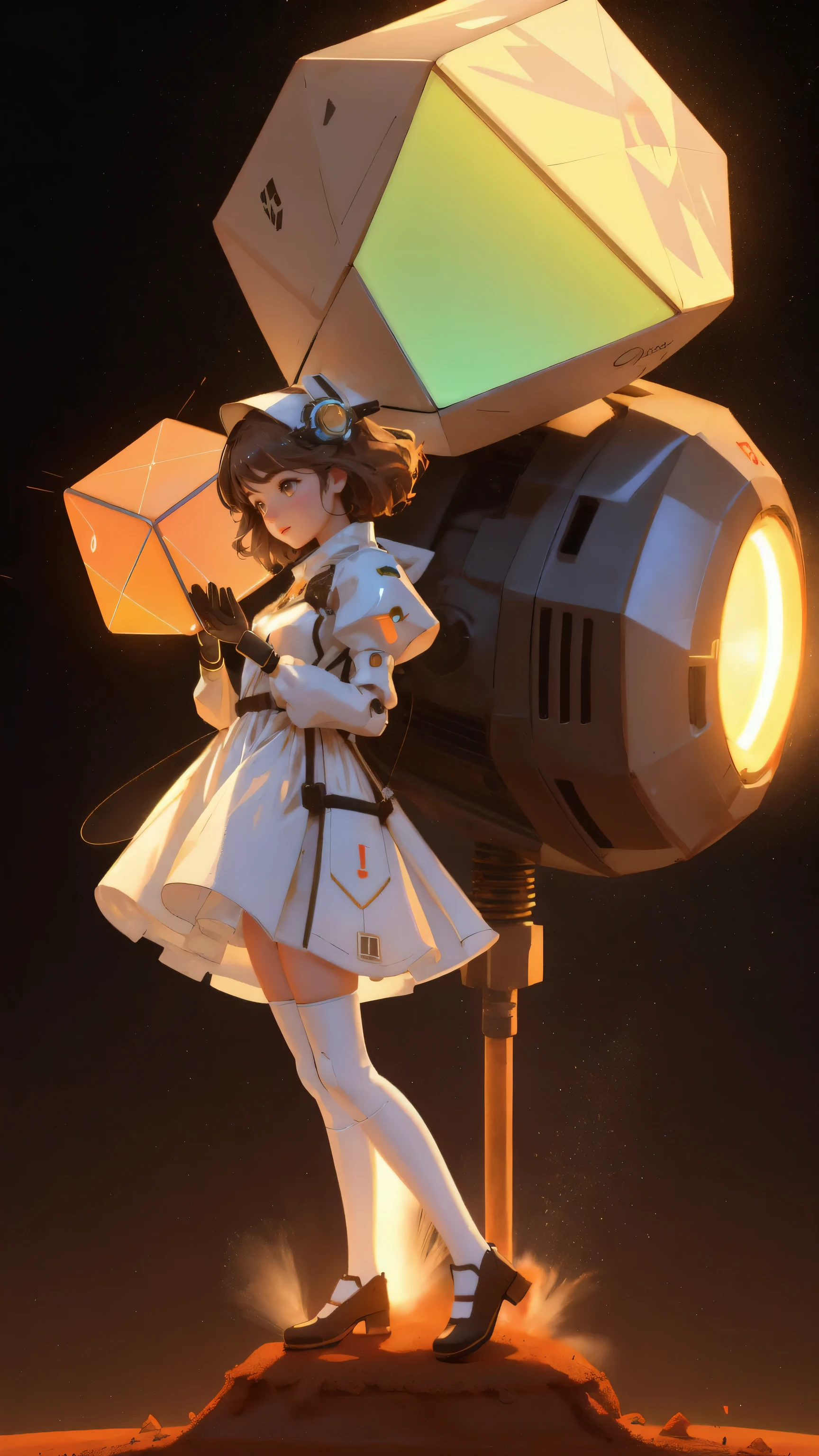 A cute, beautiful girl robot, labeled as the 'GM Generator,' with an open dome head, releasing floating GM cubes into the air. The girl robot stands on a mound of brown dirt, with the background fully in brown tones, creating a warm, sandy atmosphere. The scene is detailed, with the flying cubes glowing slightly as they disperse from her open head. The overall image blends a futuristic, mechanical aesthetic with a playful, whimsical touch, emphasizing the 'GM Generator' theme while maintaining a brown-themed background to match the setting.