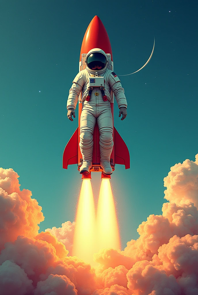an astronaut taking off on top of a rocket. The image must be in comic book style. 
