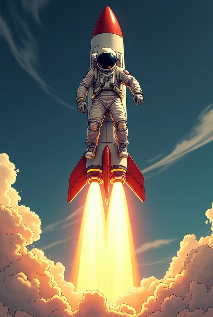 an astronaut taking off on top of a rocket. The image must be in comic book style.