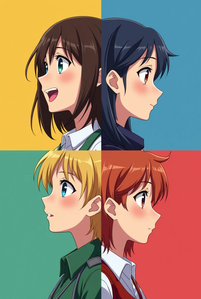 Poster divided into 4 parts in the colors yellow, blue, green and red, with a girl in each part: a brunette Brazilian, a South Korean, a blonde American, and a red-haired English girl. Each one makes a different facial expression. Realistic anime style 2d art. 