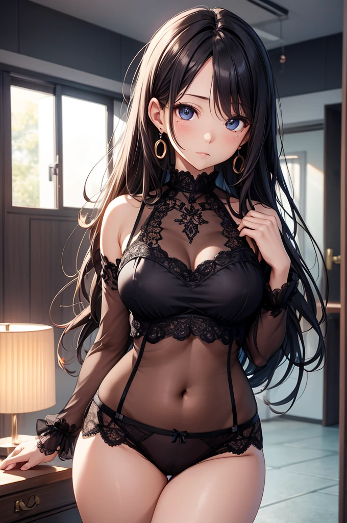 Detailed face, Eye depiction, masterpiece, Perfect quality, Anime Style, 8k, RAW Photos, Highest quality, High-quality RAW color photos, Professional photography, A calm lady in her late 20s, whole body, Fashionable earrings, One person, Slightly droopy eyes, Details, round face, Long Hair, Cute Underwear, A little plump, Best Bust, lingerie, WLOP, Sakimi-chan
