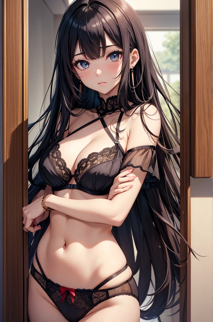 Detailed face, Eye depiction, masterpiece, Perfect quality, Anime Style, 8k, RAW Photos, Highest quality, High-quality RAW color photos, Professional photography, A calm lady in her late 20s, whole body, Fashionable earrings, One person, Slightly droopy eyes, Details, round face, Long Hair, Cute Underwear, A little plump, Best Bust, lingerie, WLOP, Sakimi-chan