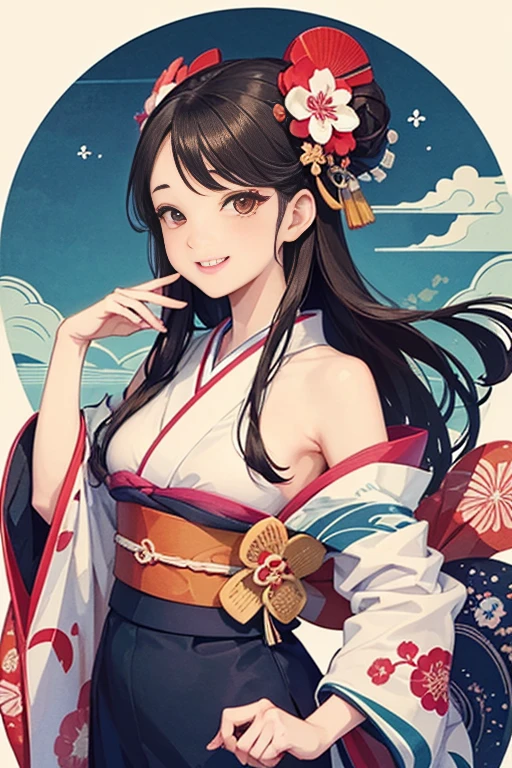 A beautiful woman smiles and shows her upper white teeth、Vividly colored Japanese Ukiyo-e style illustrations、(SeaArt creates stunning illustrations of beautiful women in kimono)、Brown-black long hair、Beautiful full body style、Let&#39;s dance a little Tokyo Ondo Yoiyoi、Beautiful digital painting,、Bright vibrant digital anime art、 Detailed digital anime art、 Beautiful anime portraits、background、Torii gate of a shrine in Kyoto, Japan、Detailed CG、