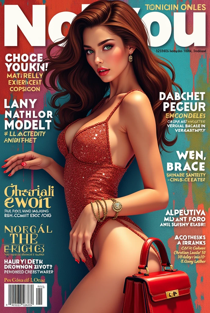 (masterpiece:1,2, best quality), (magazine cover), (colorful Magazine cover abundant with text), vibrant, eye-catching paintings, Comic cover style, glamorous, enticing, stylish, chic, high-fashion, captivating, elegant, trendy, fashionable, radiant, attention-grabbing, dazzling, sophisticated, stunning, dramatic, bold, Featured is Abigail, a graceful figure from Singapore, ((who embodies the essence of elegance and charm)), (((She boasts a slim stature, standing at 1.67 meters and weighing around 55 kilograms, epitomizing the fashion model-like beauty))), (Her hair is long, wavy chestnut), (Her eyes are striking and green, thanks to contact lenses), ((and a physique with a flat abdomen, a peachy posterior, and perfectly round, perky C-cup breasts)), accentuated by her modest demeanor, (((She is wearing a Balmain Mini Sequin-Embellished Dress, paired with Christian Louboutin 'So Kate' Pointy Toe Pumps))), She accessorizes with a Cartier Love Bracelet in Yellow Gold, and carries an Hermes Kelly Mini II Bag in Rouge Casaque Epsom Leather, (exceptionally detailed:1.3),super finely detailed hands, ultra finely detailed fingers(((ten fingers))), (posing elegantly), (full body showcase), (show full body), (no logos in the background).