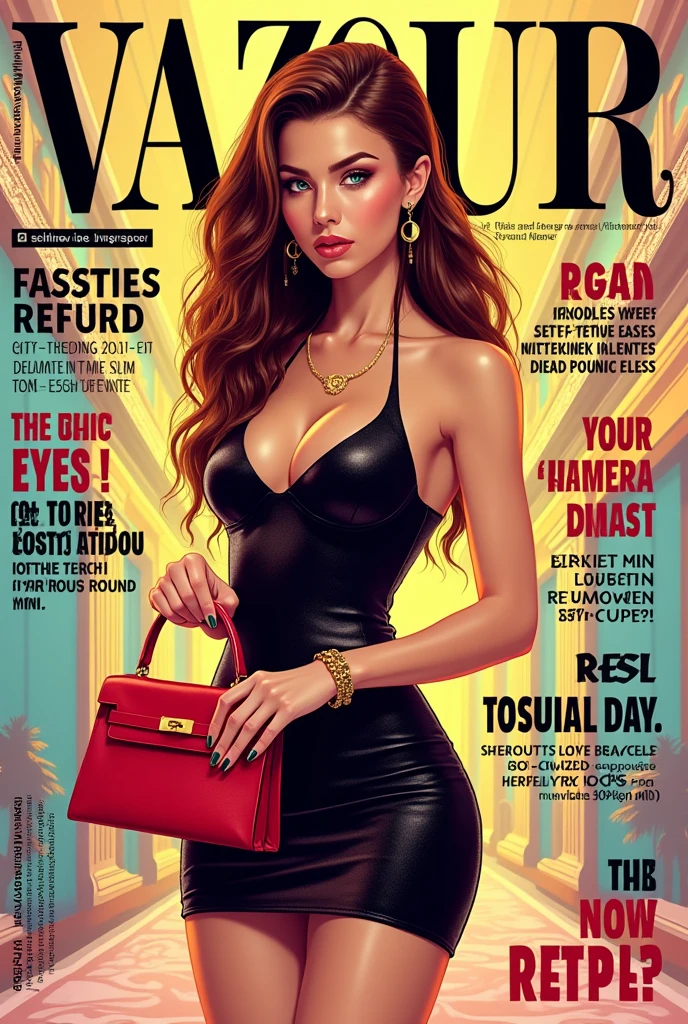 (masterpiece:1,2, best quality), (magazine cover), (colorful Magazine cover abundant with text), vibrant, eye-catching paintings, Comic cover style, glamorous, enticing, stylish, chic, high-fashion, captivating, elegant, trendy, fashionable, radiant, attention-grabbing, dazzling, sophisticated, stunning, dramatic, bold, Featured is Abigail, a graceful figure from Singapore, ((who embodies the essence of elegance and charm)), (((She boasts a slim stature, standing at 1.67 meters and weighing around 55 kilograms, epitomizing the fashion model-like beauty))), (Her hair is long, wavy chestnut), (Her eyes are striking and green, thanks to contact lenses), ((and a physique with a flat abdomen, a peachy posterior, and perfectly round, perky C-cup breasts)), accentuated by her modest demeanor, (((She is wearing a Balmain Mini Sequin-Embellished Dress, paired with Christian Louboutin 'So Kate' Pointy Toe Pumps))), She accessorizes with a Cartier Love Bracelet in Yellow Gold, and carries an Hermes Kelly Mini II Bag in Rouge Casaque Epsom Leather, (exceptionally detailed:1.3),super finely detailed hands, ultra finely detailed fingers(((ten fingers))), (posing elegantly), (full body showcase), (show full body), (no logos in the background).