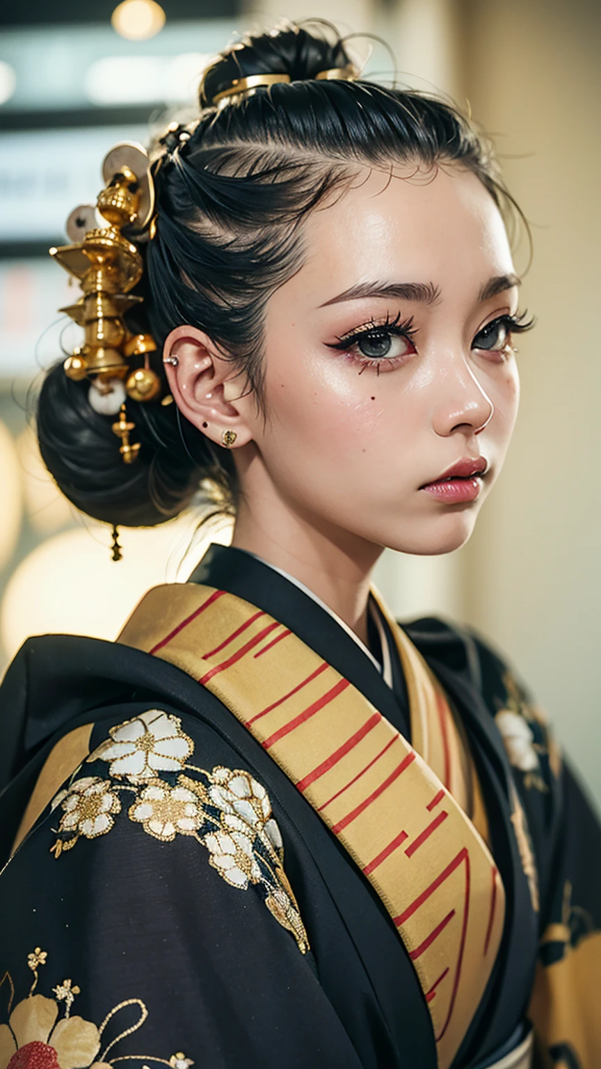 masterpiece, Highest quality, A solemn Japanese-style room with tatami mats, A large photograph of a woman from head to waist, profile, Chain-themed accessories, (Close up on face:1.5), (Punk rock kimono, black地に赤+gold:1.3), (black+Orange Hair Color, Mid-length hair, Bun Hair), (blackい瞳, Sparkling eyes), (Lots of eyelashes)