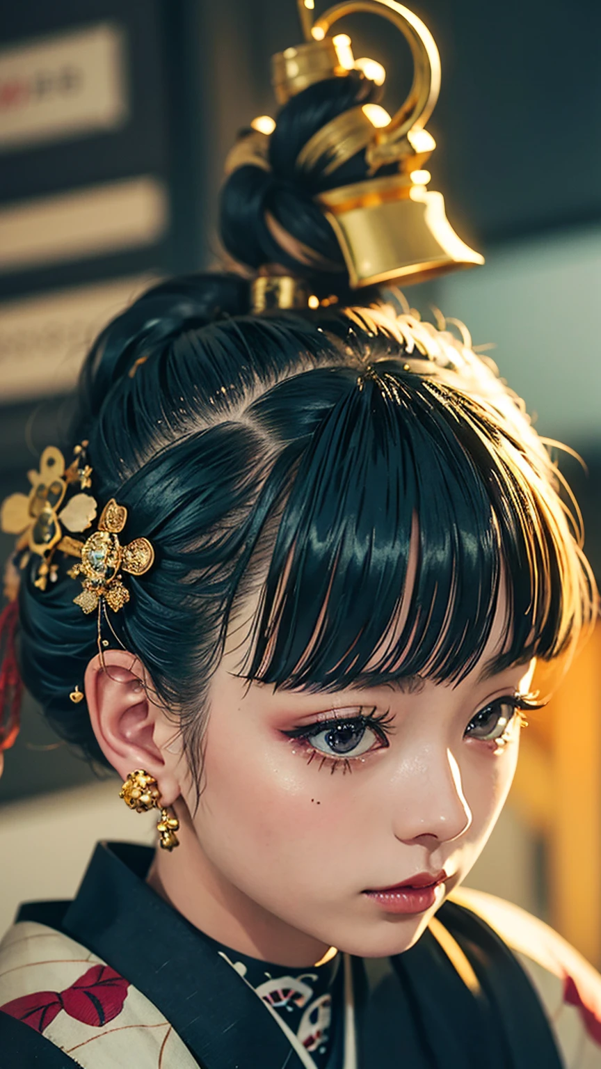 masterpiece, Highest quality, A solemn Japanese-style room with tatami mats, A large photograph of a woman from head to waist, profile, Chain-themed accessories, (Close up on face:1.5), (Punk rock kimono, black地に赤+gold:1.3), (black+Orange Hair Color, Mid-length hair, Bun Hair), (blackい瞳, Sparkling eyes), (Lots of eyelashes)
