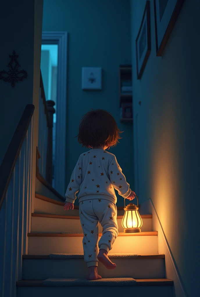 A child walking down the stairs of his house at night in his starry pajamas with brown hair and average height with his lantern in his right hand