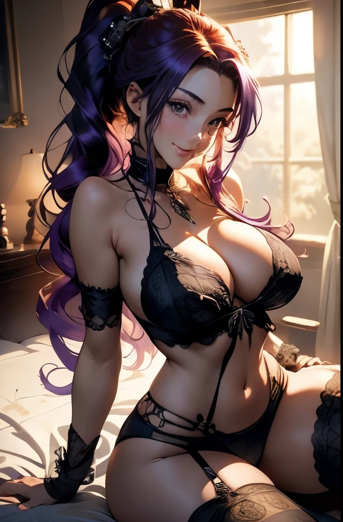 Anime, a glamour shot of a smiling Akeno Himejima (extremely long Purple hair in a high ponytail), enormous breasts, big ass, Sitting demurely with her legs crossed on her bed, leaning toward the viewer, cowgirl, with Smokey eyes and knowing smile, sexy revealing lingerie, underboob, side boob, insanely detailed face and eyes, intricate, hyper-detailed bedroom, digital illustration, masterpiece, beautiful eyes, atmospheric lighting, centered, perfect anatomy, glowing eyes, candid portrait, clear, very detailed, smooth, sharp focus, focused on the viewer