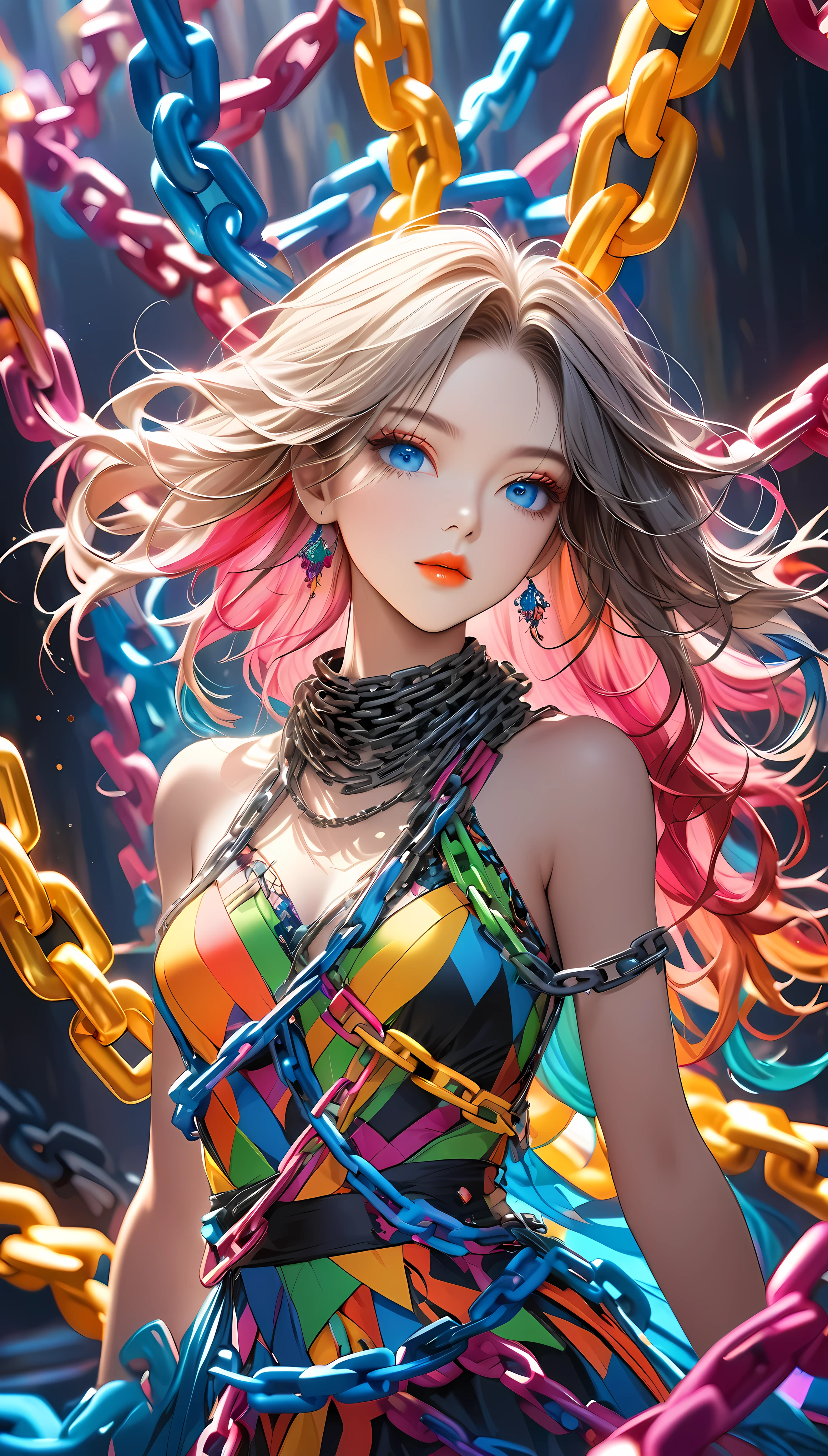 Professional fashion model, Perfect Naked, Wrapped in colorful chains, A costume made entirely from chains, The contrast between attractive skin and inorganic chains, Aesthetic colors created by colorful chain shapes, Exquisite balance and harmony of colors, Simply beautiful... A world that leaves viewers speechless...,