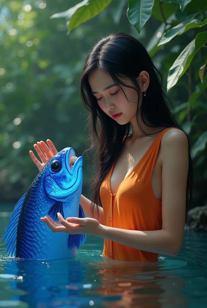 A Thai woman in an orange sleeveless shirt was bitten on the hand by a blue fish.