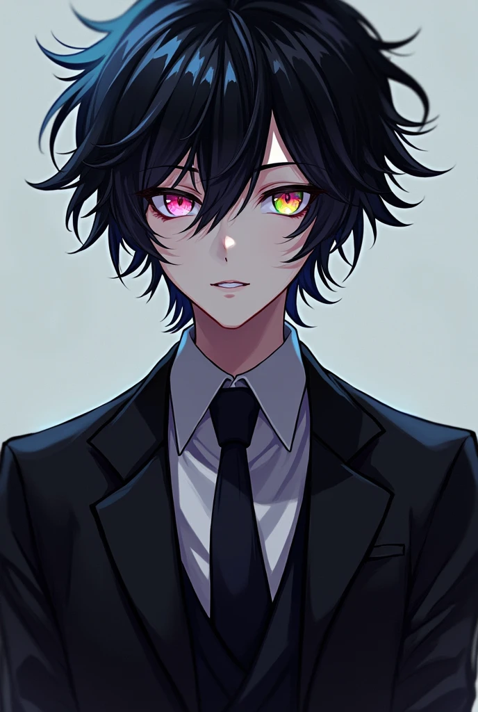 Um homem de cabelos pretos, with Shirou Amakusa's hairstyle from the anime Fate Apocrypha, rainbow eyes, wearing a casual black suit and a stylish tie.
