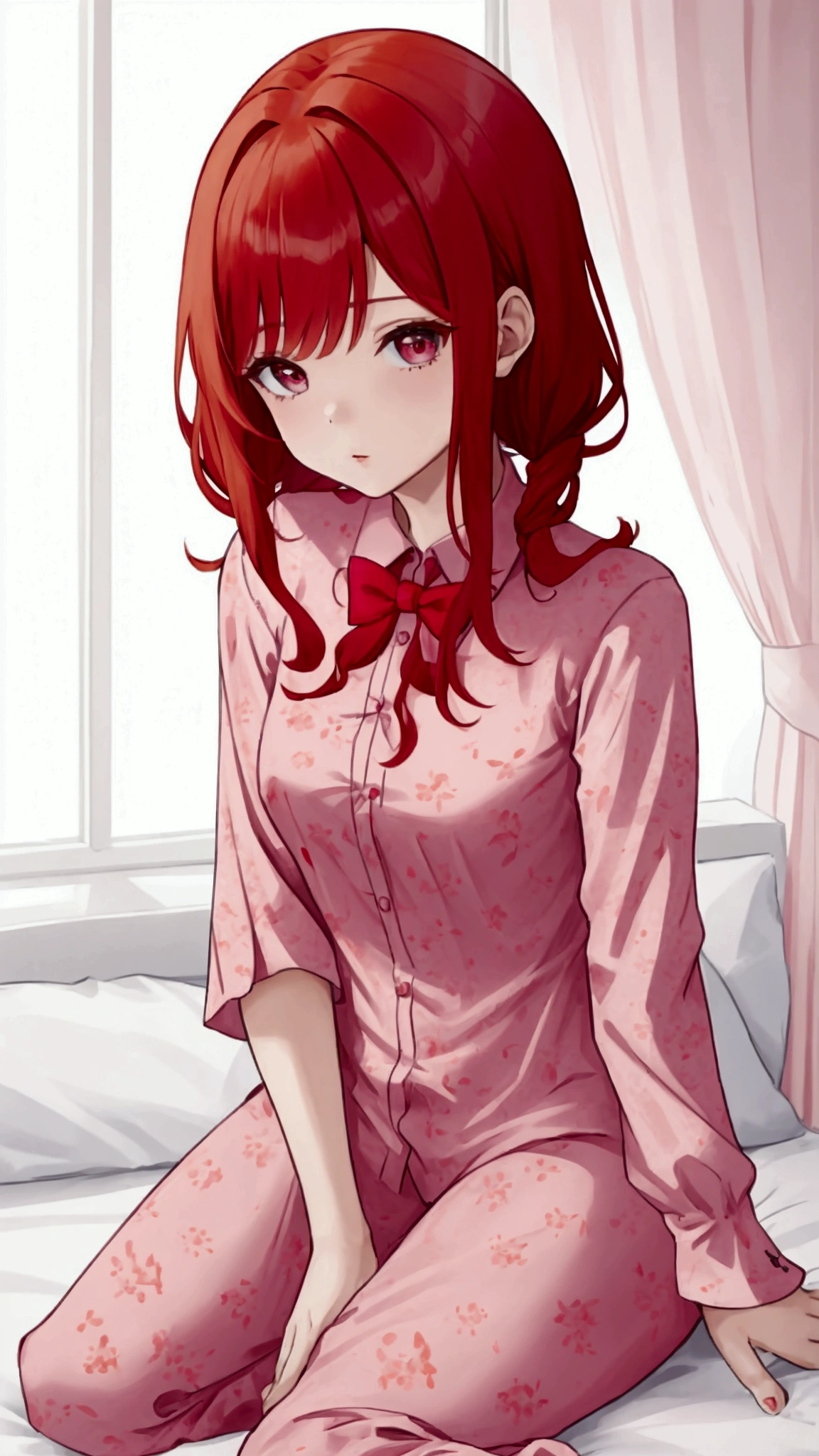 A woman in pink floral pajamas is sitting on her bed, Redheadの少女, beautiful Redheadの女性, Redheadの女性, young Redheadの少女, Short bright red hair, Red hair and attractive features, Anna Nikonova、Also known as New Milky, Redheadの少女, Redhead, Beautiful woman, Posing in bed, Redhead, Short Red Hair, Posing in the room