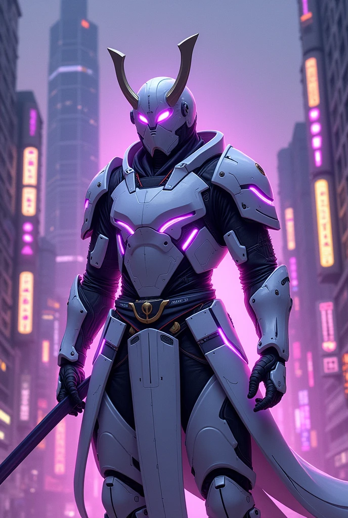 White armored samurai in Tokyo with purple cartoon style lights 