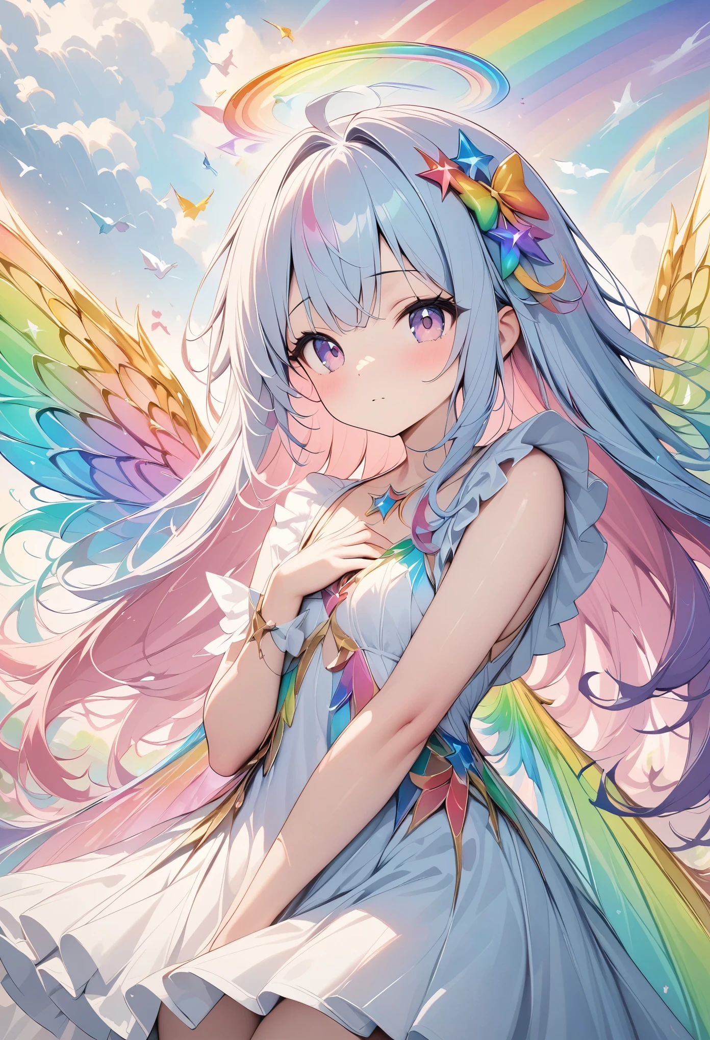 Pale colors, ((Astonishingly absurd)), Ultra high resolution, Attention to detail, High quality, High resolution, Top quality, 4k, 8K, Artwork, Fantastic work, rainbow, rainbow hair, Long hair, Rainbow angel, Spread wings wide, ((Rainbow wings fluttering)), Beautiful angel, Cute angel