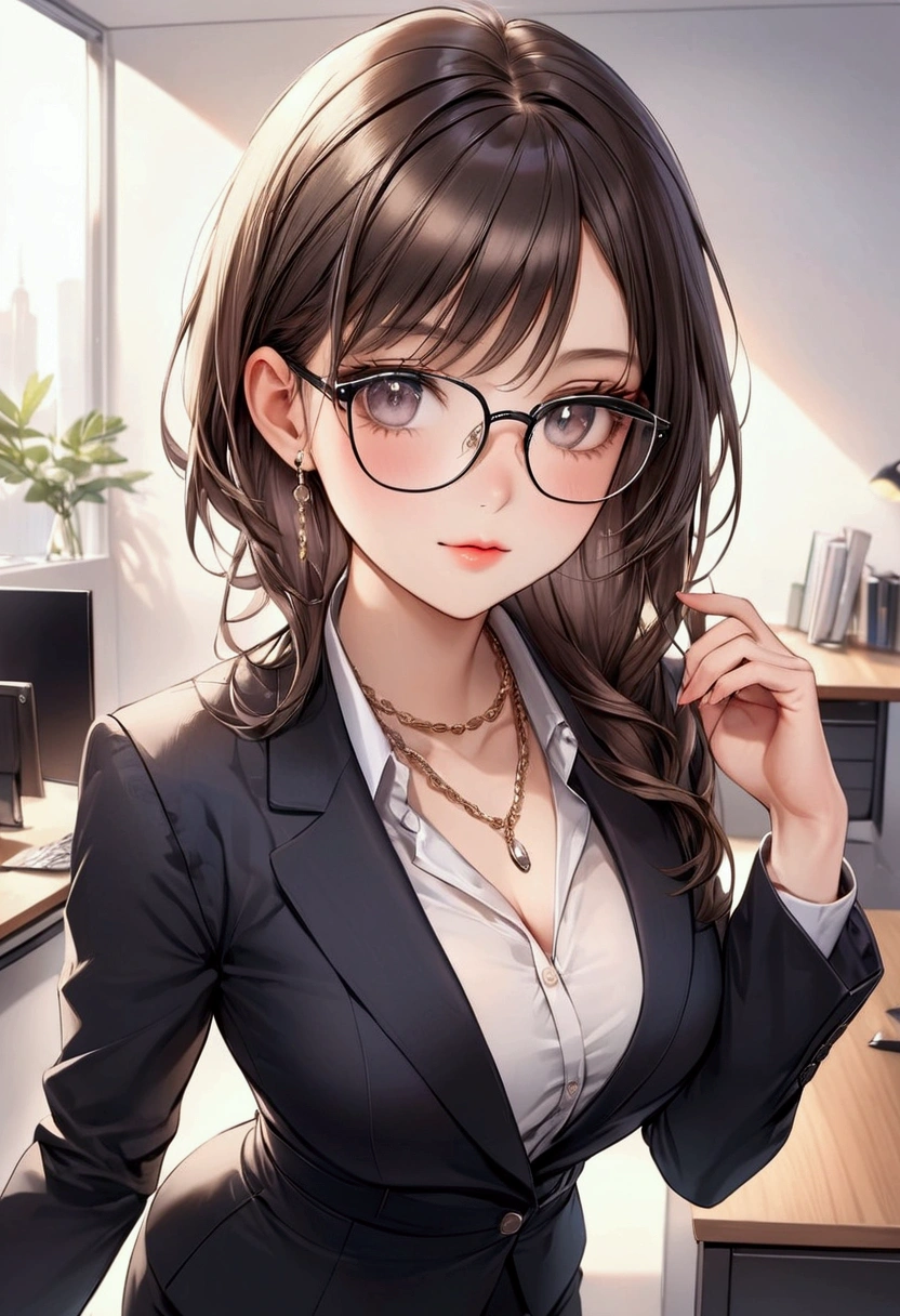 cute girl with trendy glasses and elegant chain necklace, looking cute and stylish, dressed in a chic office lady outfit.