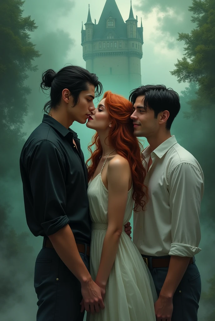 À l'arrière-plan, un manoir imposant émerge, partiellement enveloppé dans une fumée verte et grise qui ajoute une ambiance mystérieuse. Au premier plan, un triangle amoureux est en scène.
L'homme à gauche est musclé, avec des cheveux noirs attachés en queue de cheval il a vingt trois ans son visage est doux et amoureux. Il est habillé d'une chemise en soie noire et d'un pantalon noir assorti. Au centre, une femme avec de longs cheveux rouges bouclés porte une robe blanche de style champêtre, évoquant une élégance simple et naturelle. L'homme à droite, d'origine réunionnaise, a un teint mat clair et des cheveux courts noirs. Il a un sourire