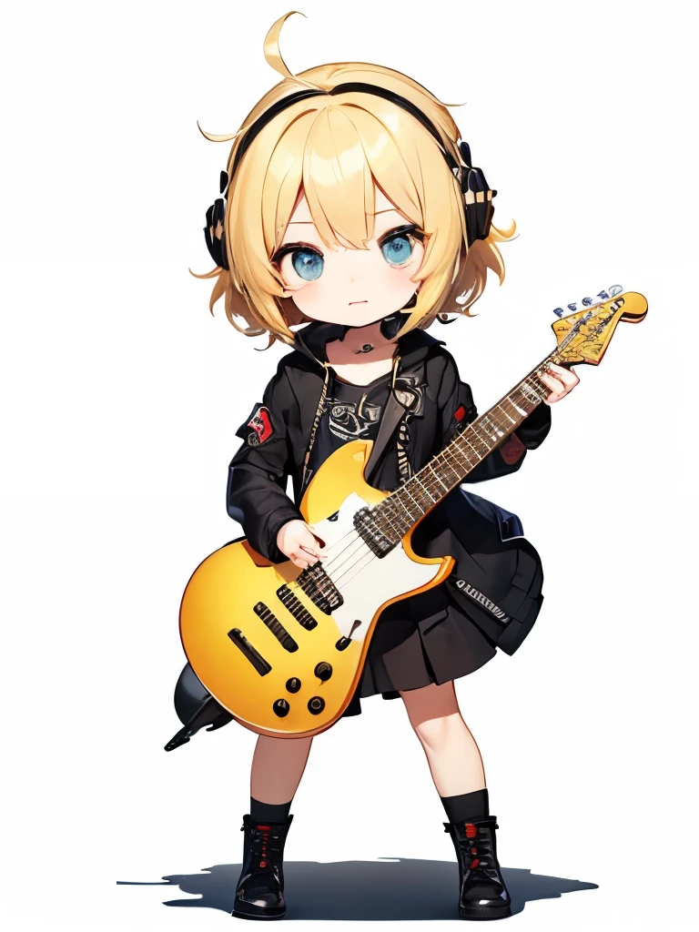 (((Metal Band)))、Cute and soothing character、(((A small, blonde character who plays metal guitar)))、A chibi character wearing a metal girl-like outfit、A beautiful depiction using tens of thousands of colors、masterpiece、Ultra HD、super high quality、8k、Side guitar blonde chibi character、Fast-picking metal guitar、Black Background