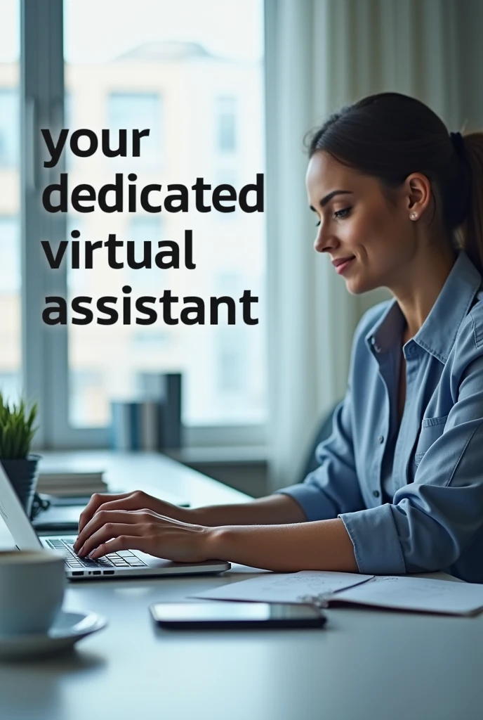 A sleek and modern gig image for virtual assistant services. The image features a professional workspace with a laptop open to a task management dashboard, a smartphone showing a calendar, and a cup of coffee on the side. A confident, well-dressed person, possibly in the background, is seen multitasking. The text 'Your Dedicated Virtual Assistant' is prominently displayed in clean, bold font. The color scheme is professional with soft blues, whites, and grays, giving a calm and efficient vibe. The background is minimalistic, possibly with subtle office elements like a plant or books to add to the professional atmosphere."