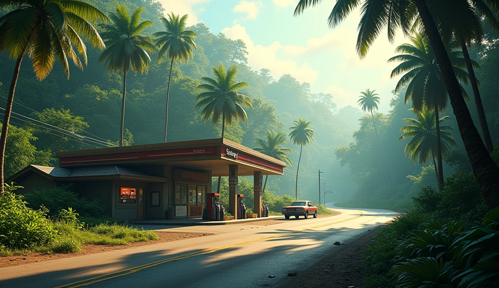 Gas station in jungle, on Road park side car