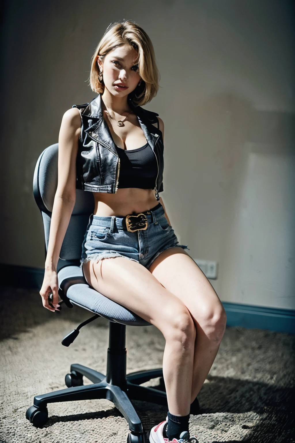 (RAW shooting:1.2, Photoreal:1.5, 8k, highest quality:1.2, masterpiece:1.2, ultra high resolution:1.2), perfect dynamic composition:1.2, Highly detailed skin and facial textures:1.2,beautiful and aesthetic:1.2, full body:1.2, Fair skin:1.2, (large breast:1.4, Chest gap:1.4), (perfect limbs:1.2), (perfect fingers:1.2),(1girl:1.2,tall:1.2,sexy:1.2,caucasian:1.2,glamour:1.2,,makeup:1.2,(sitting:1.2,chair:1.2,legs together:1.2),earrings:1.2,necklace:1.2,short blonde hair:1.2,tight top:1.2,denim top:1.2,sleeveless:1.2,leather jacket:1.2,navel:1.2,belt:1.2,denim shorts:1.2,perfect thigh:1.2,sneakers:1.2),(simple background:1.2),