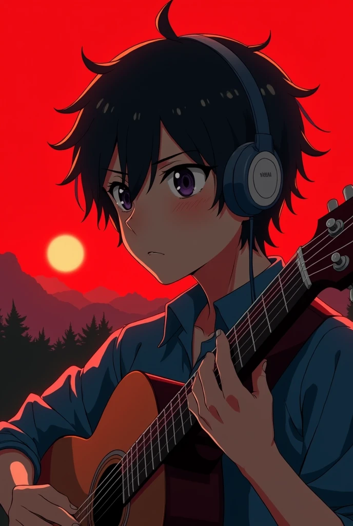 1 anime boy with headphones and a little bit of tears and a gruitarra with a red background All good with a landscape background Similar but serious look