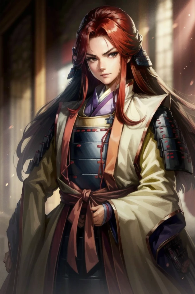 Armored１People Women, Wearing light armor, Sad, Hanfu, Tight waist, Long red hair that isn't tied up, Her presence itself is captivating., Gentle expression, Thin eyebrows, Droopy eyes, anime style, cowboy shot, cinematic lighting, UHD, retina, masterpiece, accurate, anatomically correct, textured skin, super detail, high details, high quality, award winning, best quality, highres