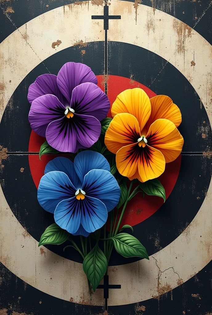 Create an aggressive military badge featuring four wild pansies at the center, each with a different color. The design should include a target in the background, making the pansies look fierce and intimidating.