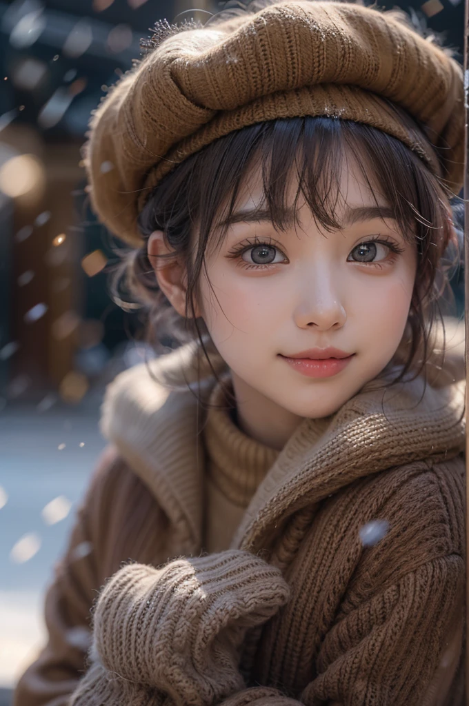 (Masterpiece, BestQuality), (hyperrealisti), (8k,Photorealistic), (realistic),1little-girl, japanese cutie, (15yo:1.2), beautiful detailed teeth, eyes with large brown irises, small mouth, fresh lips, nose blush, sitting,(bikini), beret, winter, snow, beautiful lighting, volumetric lighting, dynamic angle, photographic portrait, sharp,,