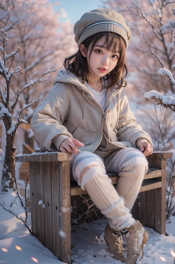 (Masterpiece, BestQuality), (hyperrealisti), (8k,Photorealistic), (realistic),1little-girl, japanese cutie, (15yo:1.2), beautiful detailed teeth, eyes with large brown irises, small mouth, fresh lips, nose blush, sitting,(bikini), beret, winter, snow, beautiful lighting, volumetric lighting, dynamic angle, photographic portrait, sharp,,