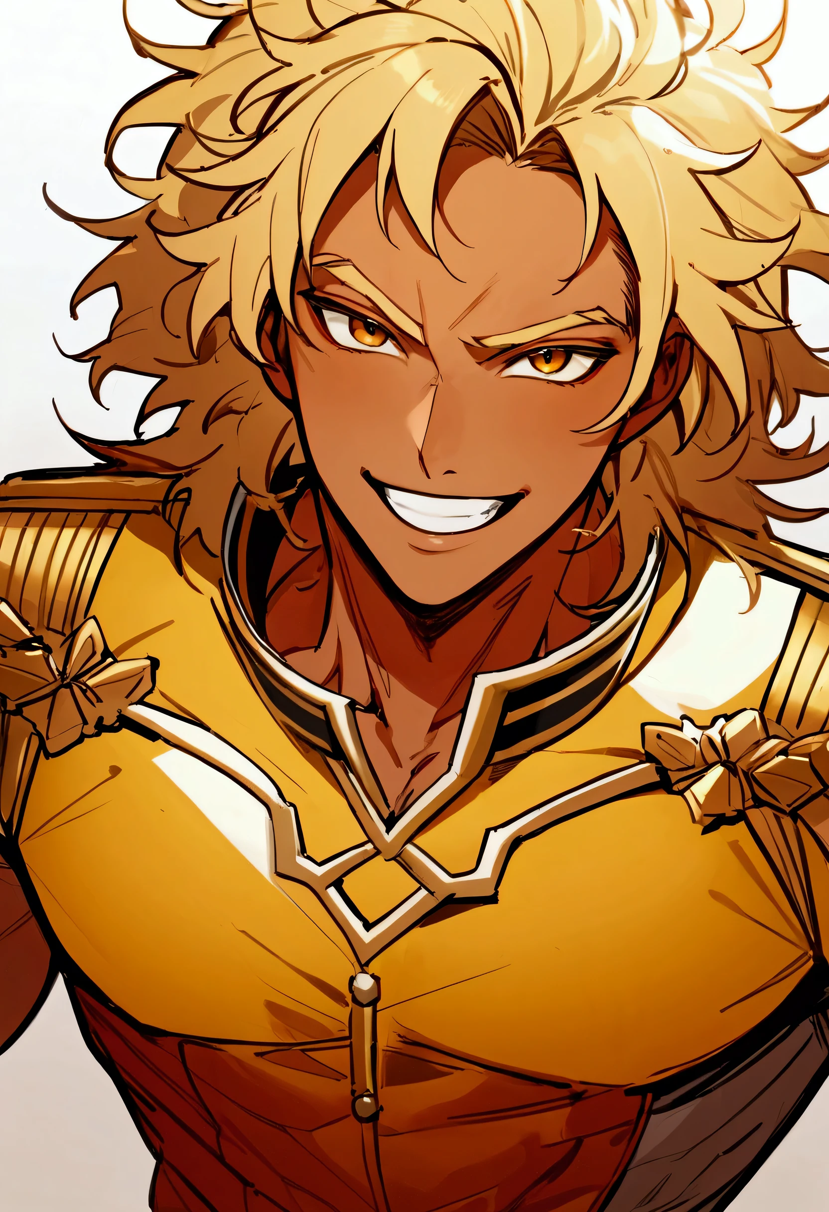 Male, adult, shaggy hair, blonde hair, golden eyes, tan skin colour, confident smile, red and gold uniform, half body, grinning, exposed canine, muscular, messy hair