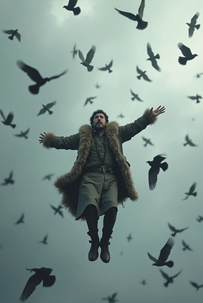 mongolian guy falling with birds gray background
