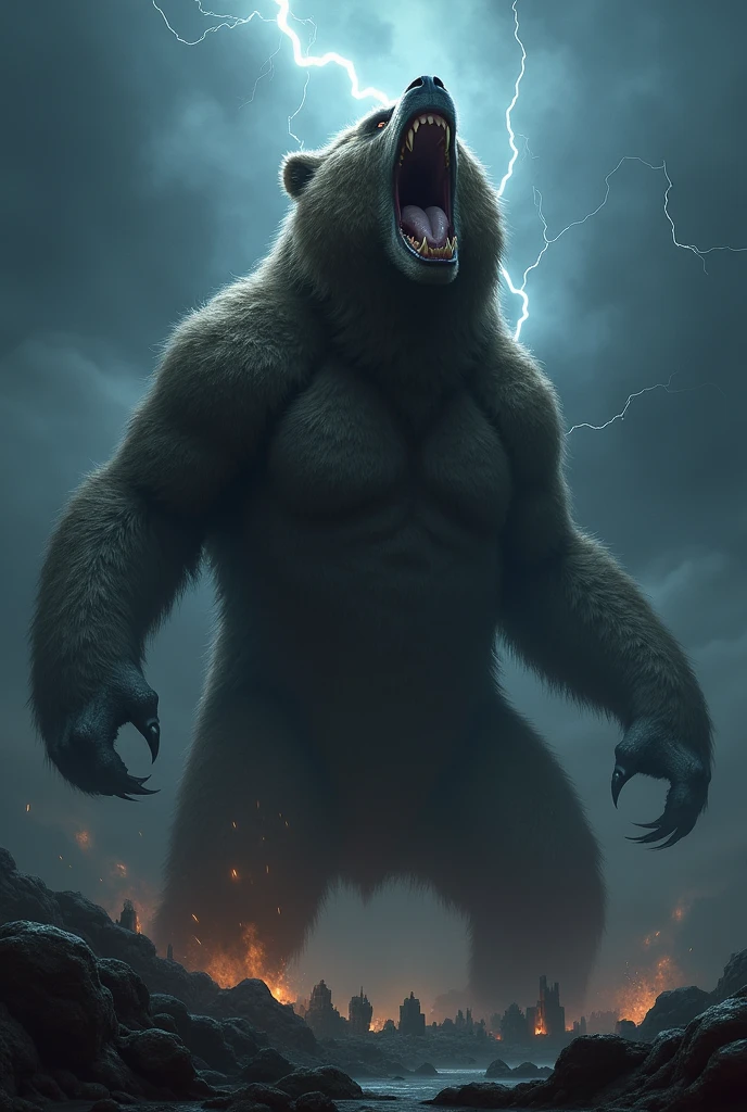 Angry、Bear、monster、night，Super huge、Looking upwards and shouting、
Shaking with roars