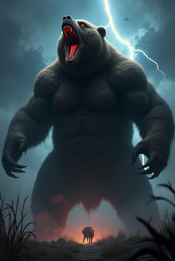 Angry、Bear、monster、night,Super huge、Looking upwards and shouting、
Shaking with roars