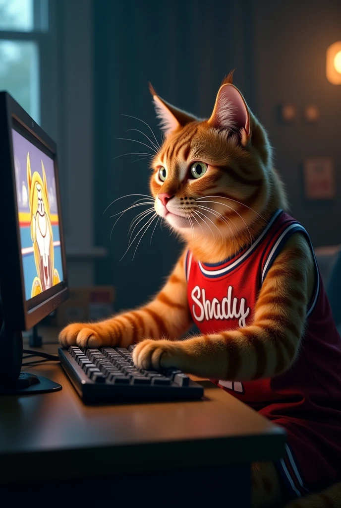 Funny ginger cat in basketball uniform with the inscription Shady with the number 21 playing on the computer in a dark room with backlights