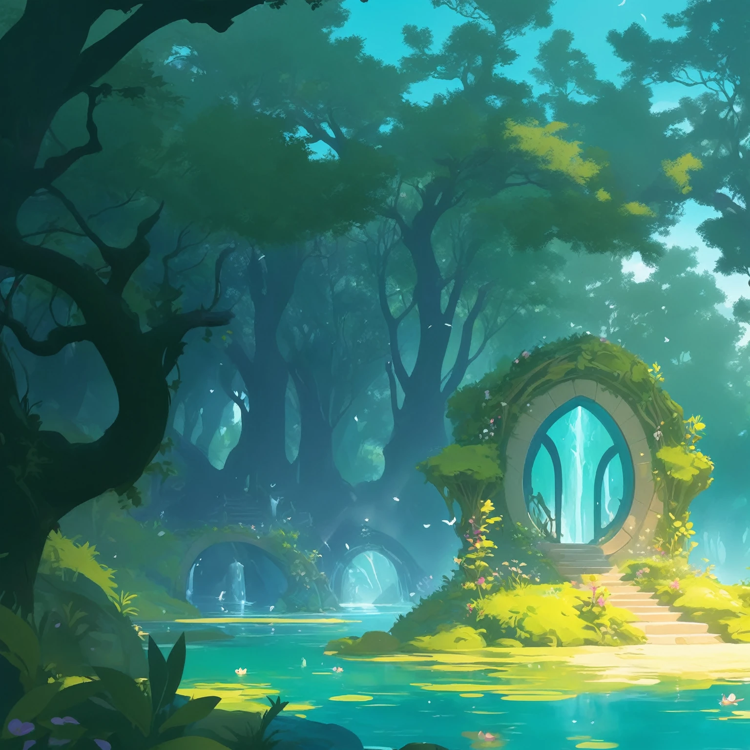 An enchanting cartoon-style illustration of an enchanted forest lake with magical elements, featuring vibrant green water and a circular archway leading to the center. The scene is bathed in soft lighting, creating a dreamy atmosphere. This design could be used for casual game art, as it captures the whimsical essence of fantasy landscapes