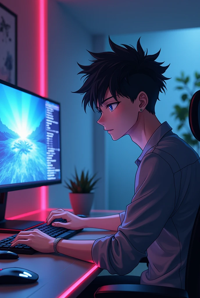 anime guy sitting at a desk with a laptop and a monitor, anime style 4 k, 4k anime wallpaper, badass anime 8 k, 4 k manga wallpaper, young anime man, anime boy, anime wallpaper 4 k, anime wallpaper 4k, high quality anime artstyle, anime moe artstyle, anime art wallpaper 8 k, anime art wallpaper 4 k, RGB lighting,