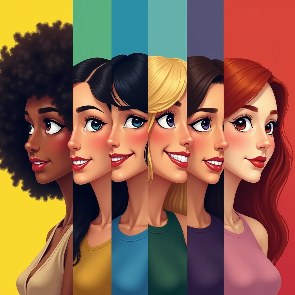Poster divided into 4 parts in the colors yellow, blue, green and red, with a girl in each part: a brunette Brazilian, a South Korean black hair, a blonde American, and a red-haired English girl. Each one makes a different facial expression. Realistic style 2d art.