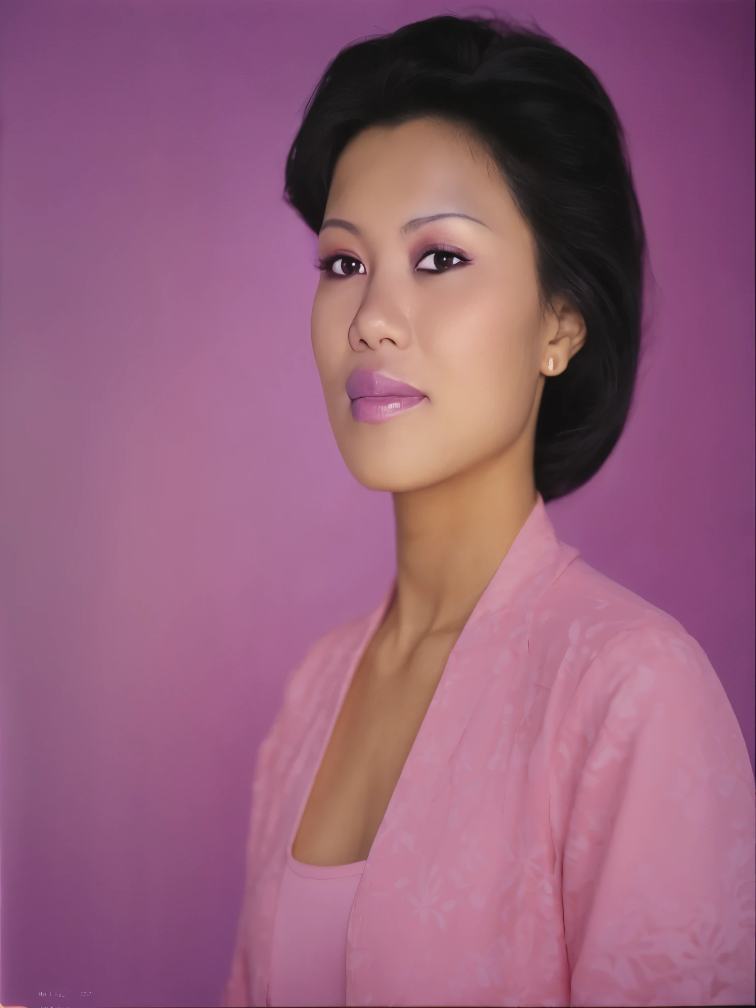 there is a woman with a pink shirt and a pink background, (highly detailed face:1.4) (smile:0.7) (background inside dark, moody, private study:1.3) POV, by lee jeffries, nikon d850, film stock photograph ,4 kodak portra 400 ,camera f1.6 lens ,rich colors ,hyper realistic ,lifelike texture, dramatic lighting , cinestill 800