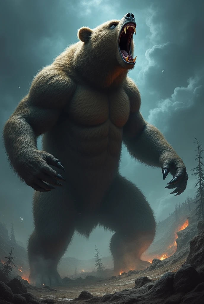 Angry、Bear、monster、night,Super huge、Looking upwards and shouting、
The surroundings are shaking with a roar