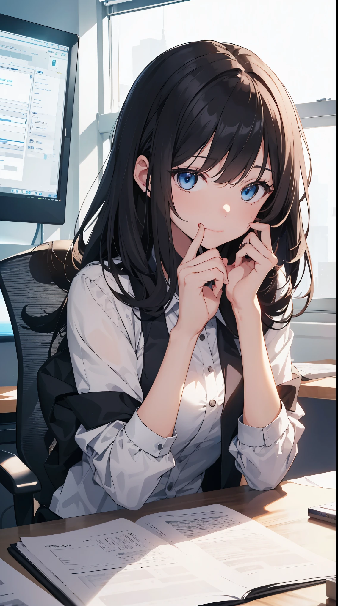 This illustration depicts a cute girl working in an office in a high-rise building, at a moment when she is tired of the situation. She is working on her laptop and is facing the monitor. His eyes are shining. Inside the room are piles of documents, an office desk and chair, a monitor, etc. However, the most notable thing is the "final mysterious high-energy body" she emits. This energy body is released from her body and has the power to obliterate the garbage in the room. emits a pale, white light that reaches every corner of the room. The view from the window is a night view. A girl with a satisfied expression is sitting.(night)